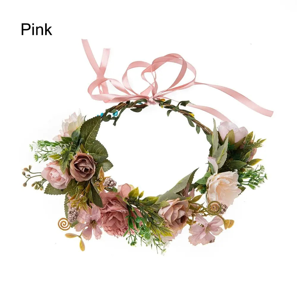 Pink bohemian flower crown headband with pink ribbon and greenery