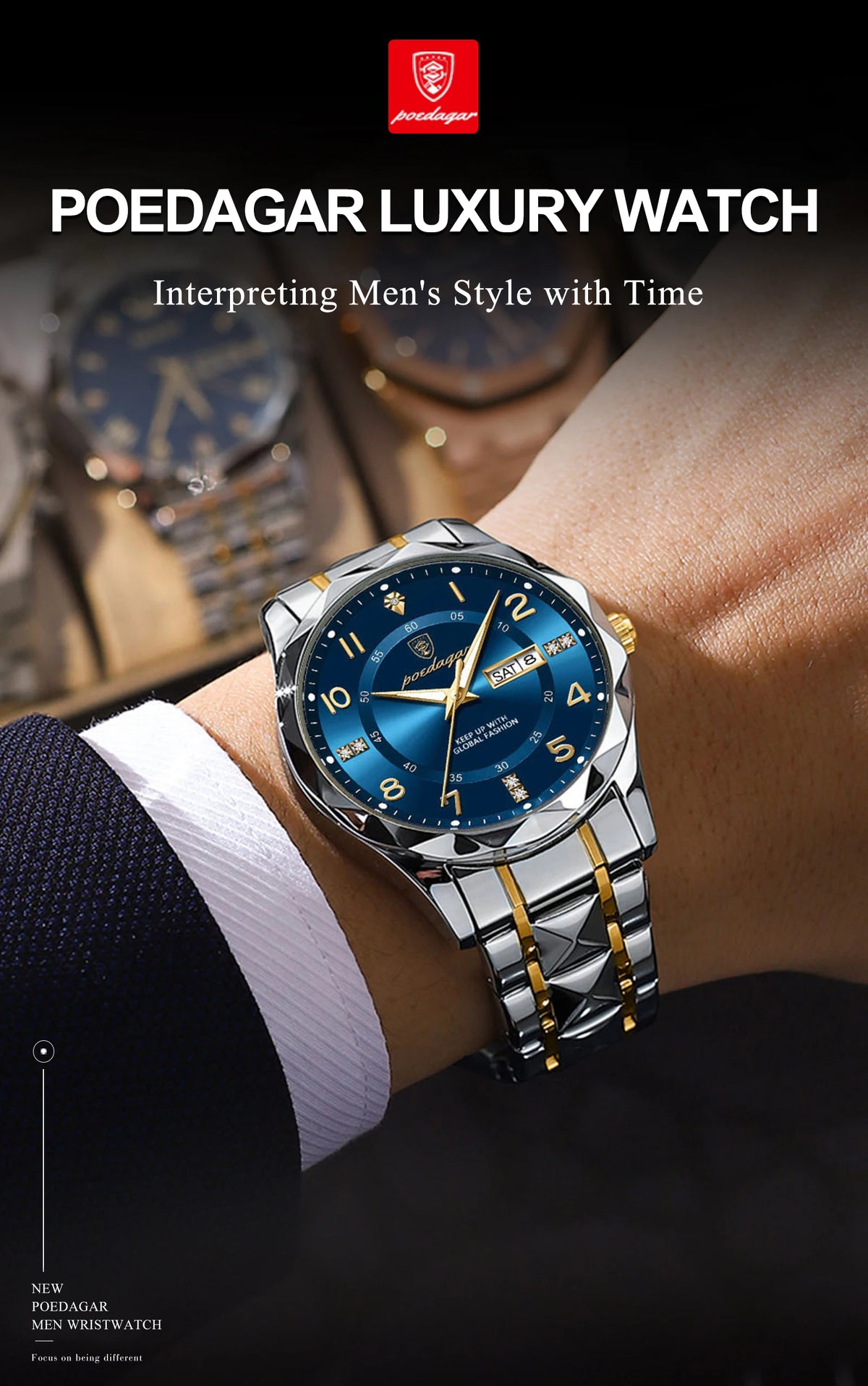 A close-up of a silver Poedagar luxury watch worn on a wrist, featuring a blue luminous dial and stainless steel case.