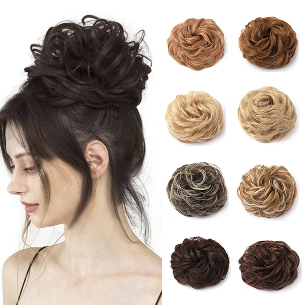 A collection of various messy bun hair pieces in brown and blonde shades shown next to a woman's dark hair.