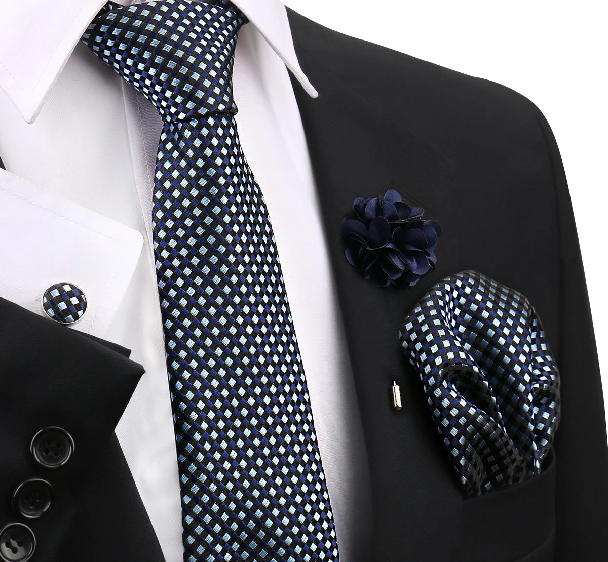 Dunkelblaue gemusterte Krawatte und eine marineblaue Blumen-Unitcard auf einer schwarzen Jacke.