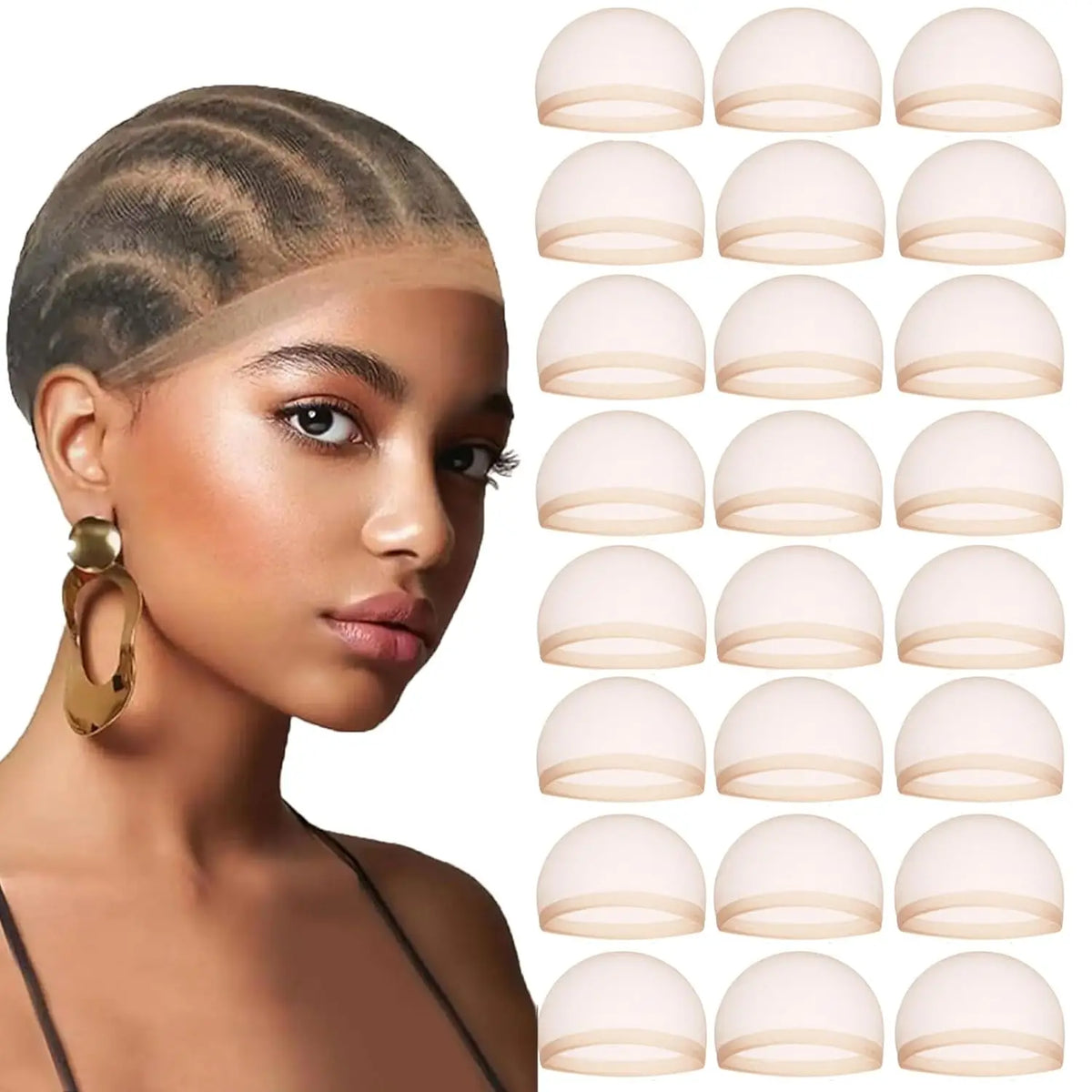 Nahaufnahme eines Models mit einer unsichtbaren Stretch-Mütze für Lace Front Perücken in verschiedenen Beige- und Nude-Tönen