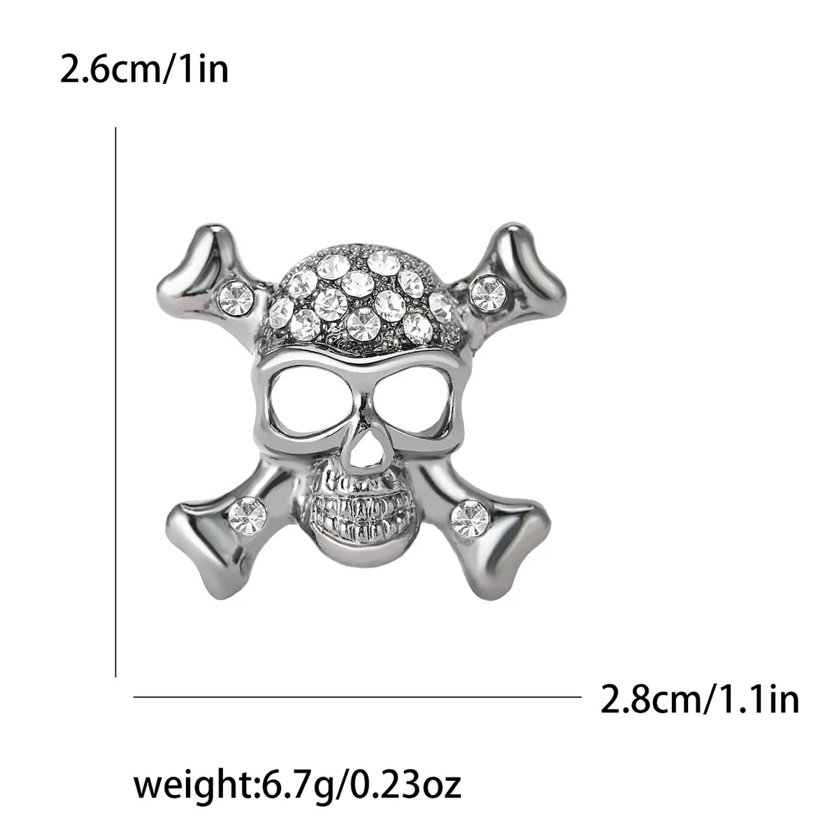 Broche de calavera con pedrería plateada y detalles óseos decorativos