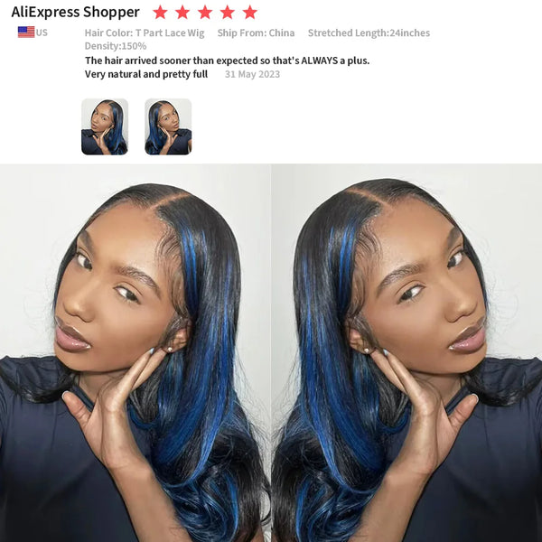 A woman models a long, dark blue and black lace wig with straight hair.