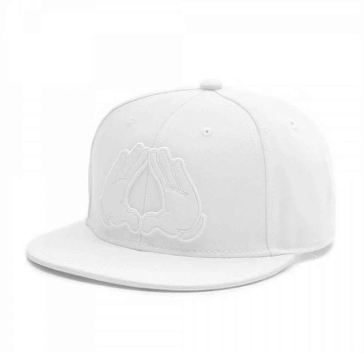 White unisex adjustable snapback cap featuring a subtle embossed design on the front.