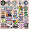 A collection of enamel lapel pins featuring various messages and awareness themes for ADHD, autism, and mental health.
