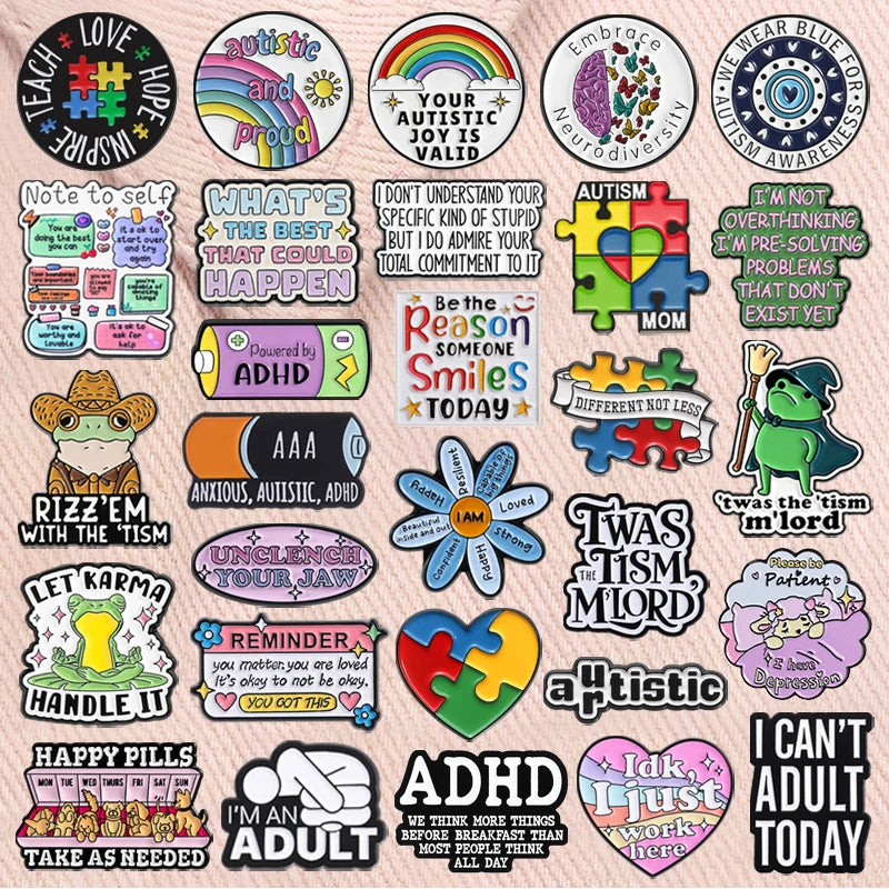 A collection of enamel lapel pins featuring various messages and awareness themes for ADHD, autism, and mental health.