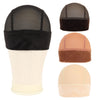 A beige wig grip cap with a black velvet band shown in various views.