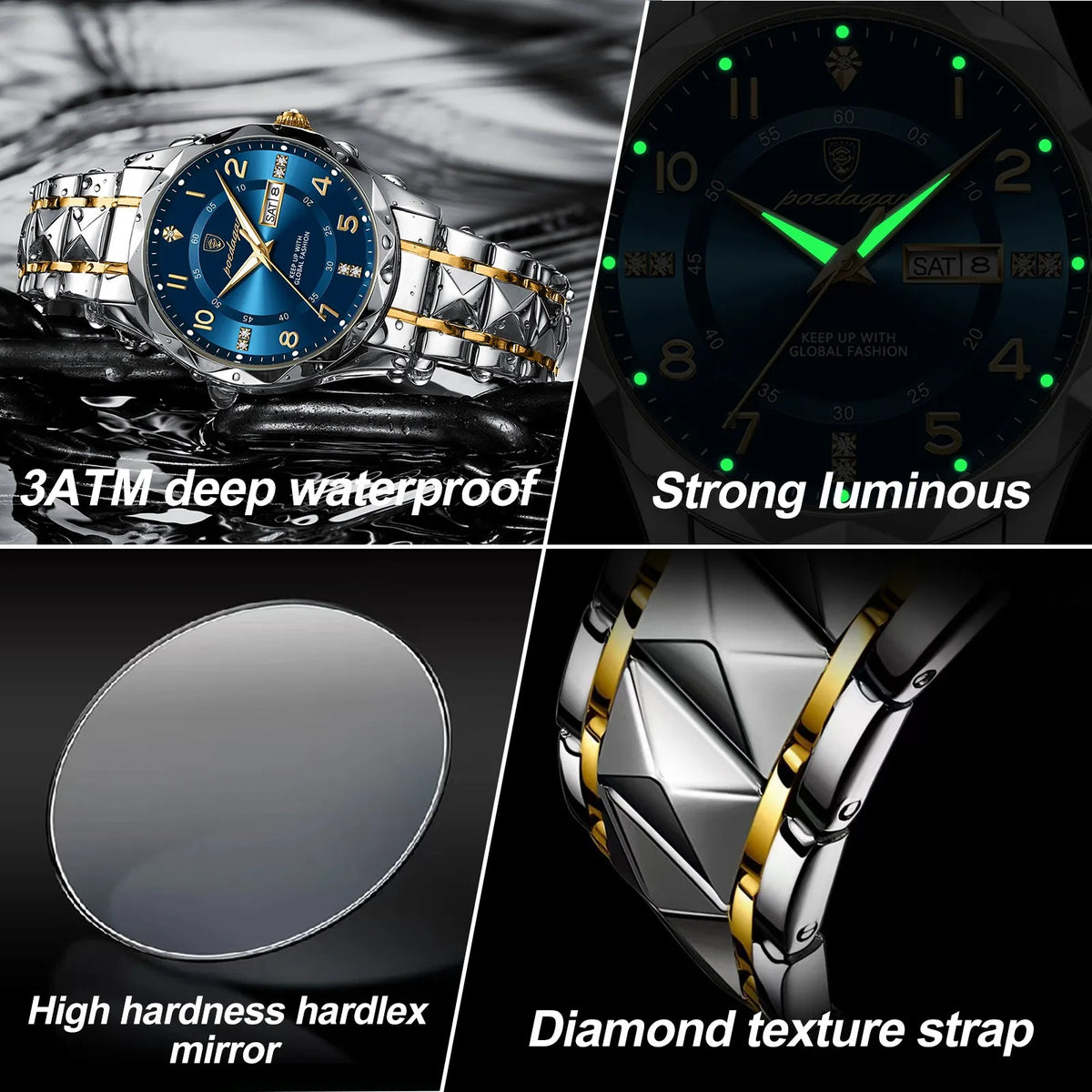 A luxury men's quartz watch featuring a blue luminous dial, a diamond texture strap, and a hardlex mirror.
