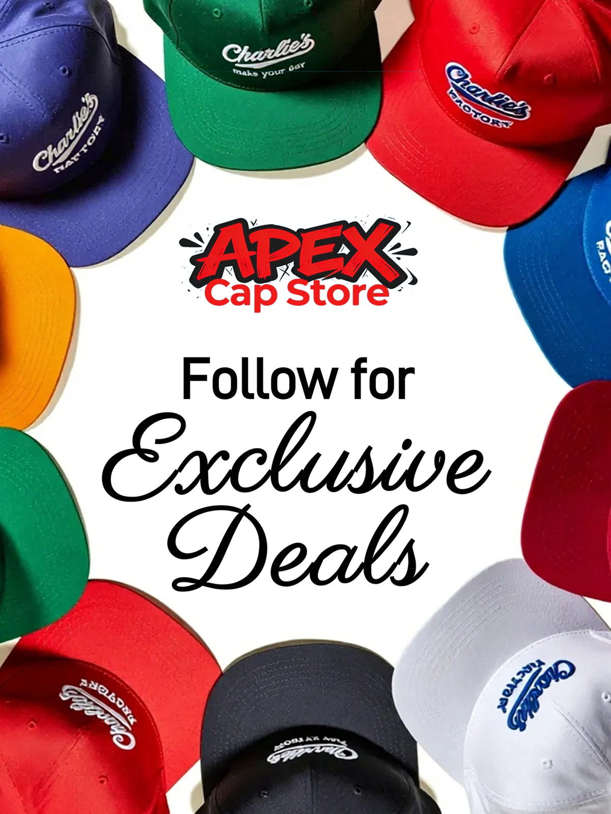 A collection of various colored Charlie's baseball caps, including red, green, yellow, and blue.