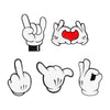 A set of enamel pins featuring various cartoon finger gestures, including a rock sign and a heart hand.