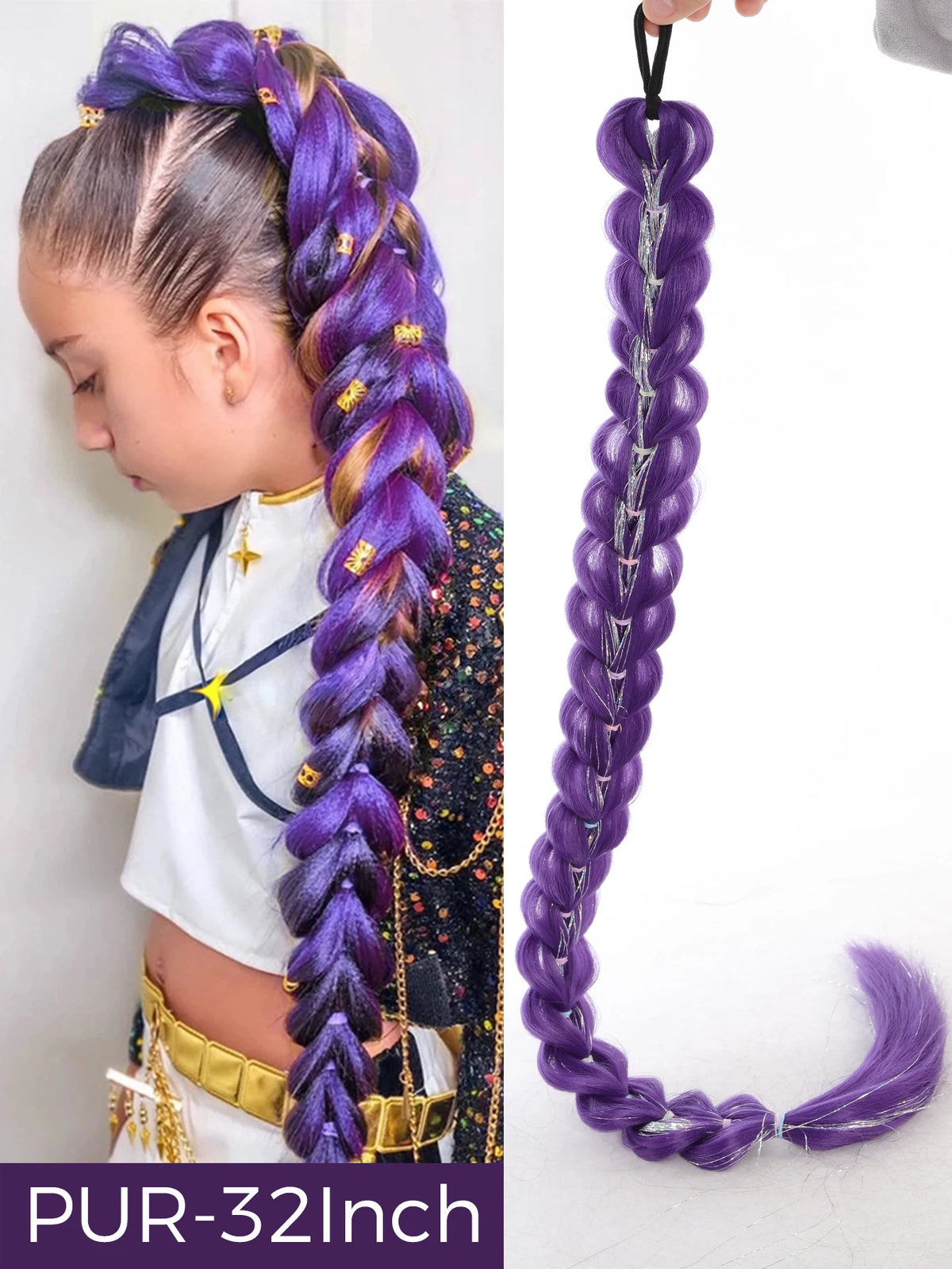 Purple synthetic braided ponytail for girls, 32 inches long.