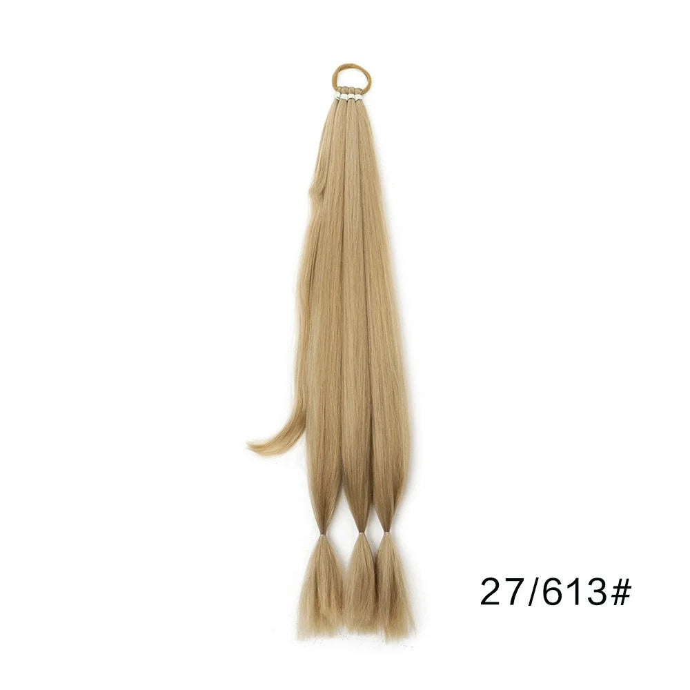 A long, straight, blonde synthetic braided ponytail hair extension with a loop at the top.