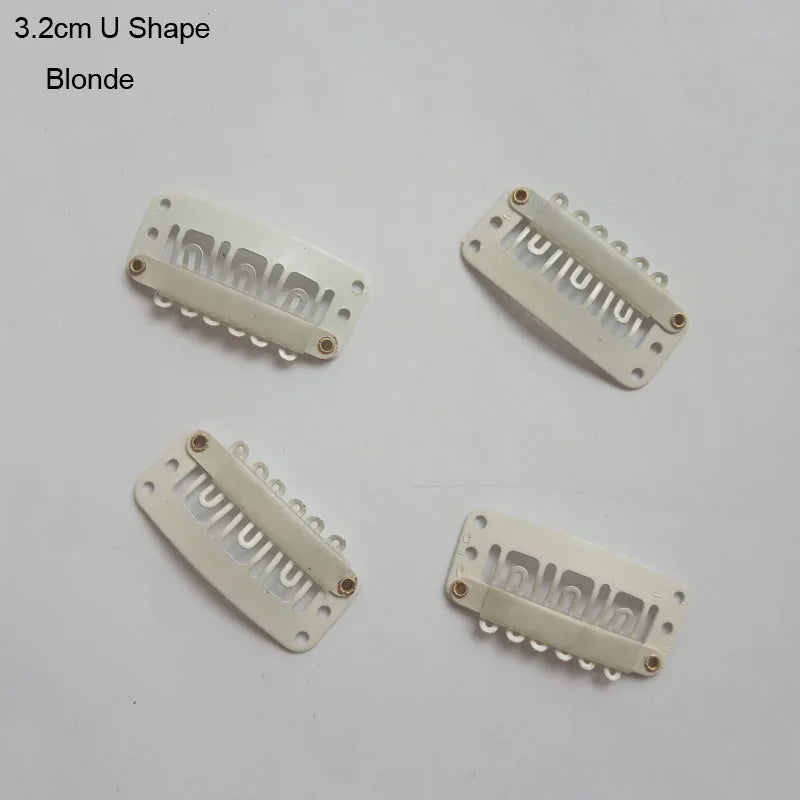A set of three 3.2cm U-shaped blonde precision hair extension clips.