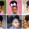 A collage of children's hair styled in various afro puff drawstring ponytail looks.