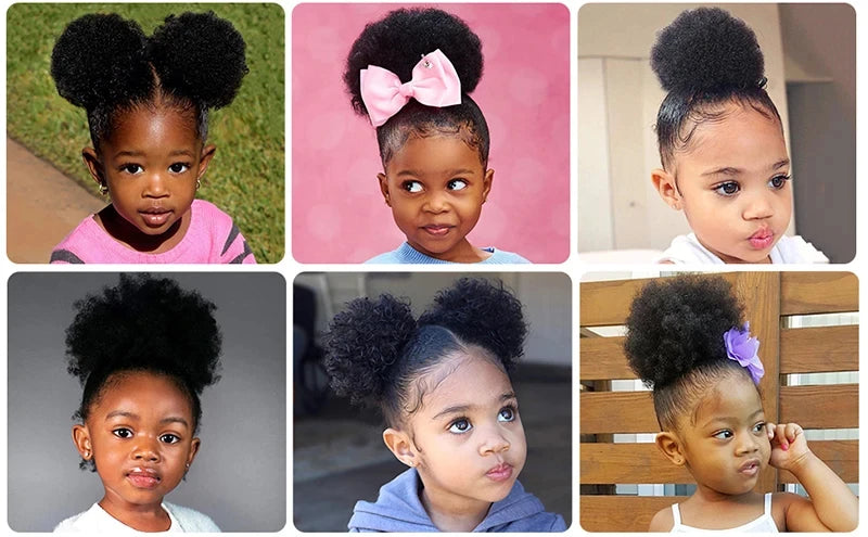 A collage of children's hair styled in various afro puff drawstring ponytail looks.