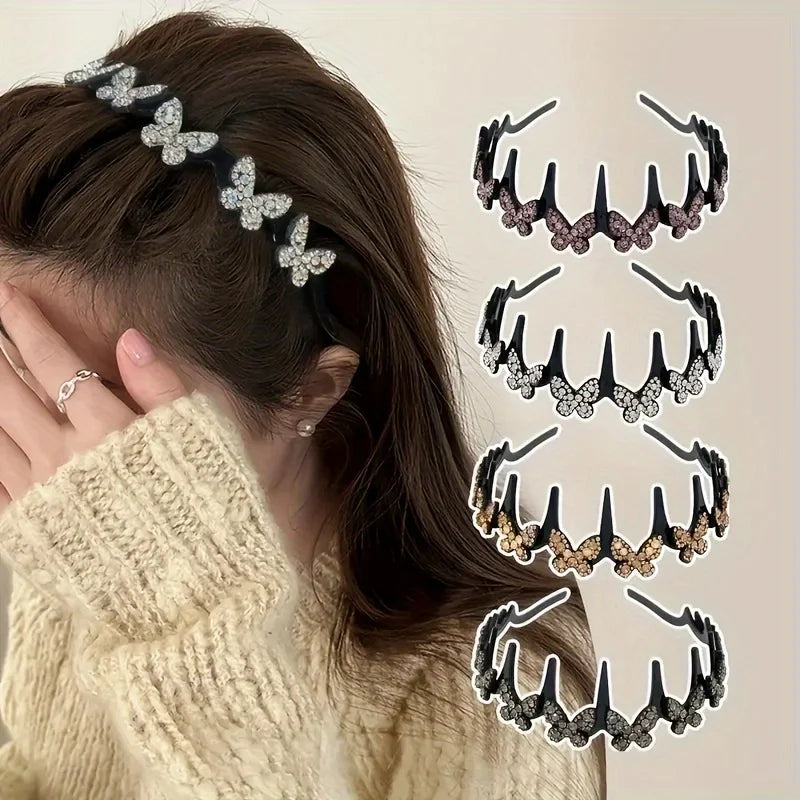 A close-up of a woman wearing a black rhinestone butterfly hair accessory in her dark hair.