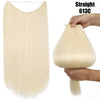 A bundle of straight, light blonde 20-inch synthetic hair extensions being held by a hand.