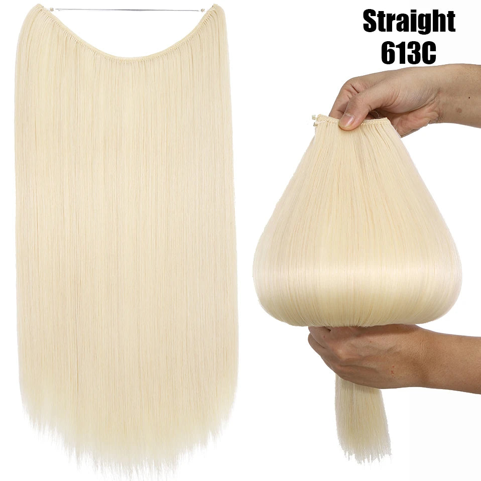 A bundle of straight, light blonde 20-inch synthetic hair extensions being held by a hand.