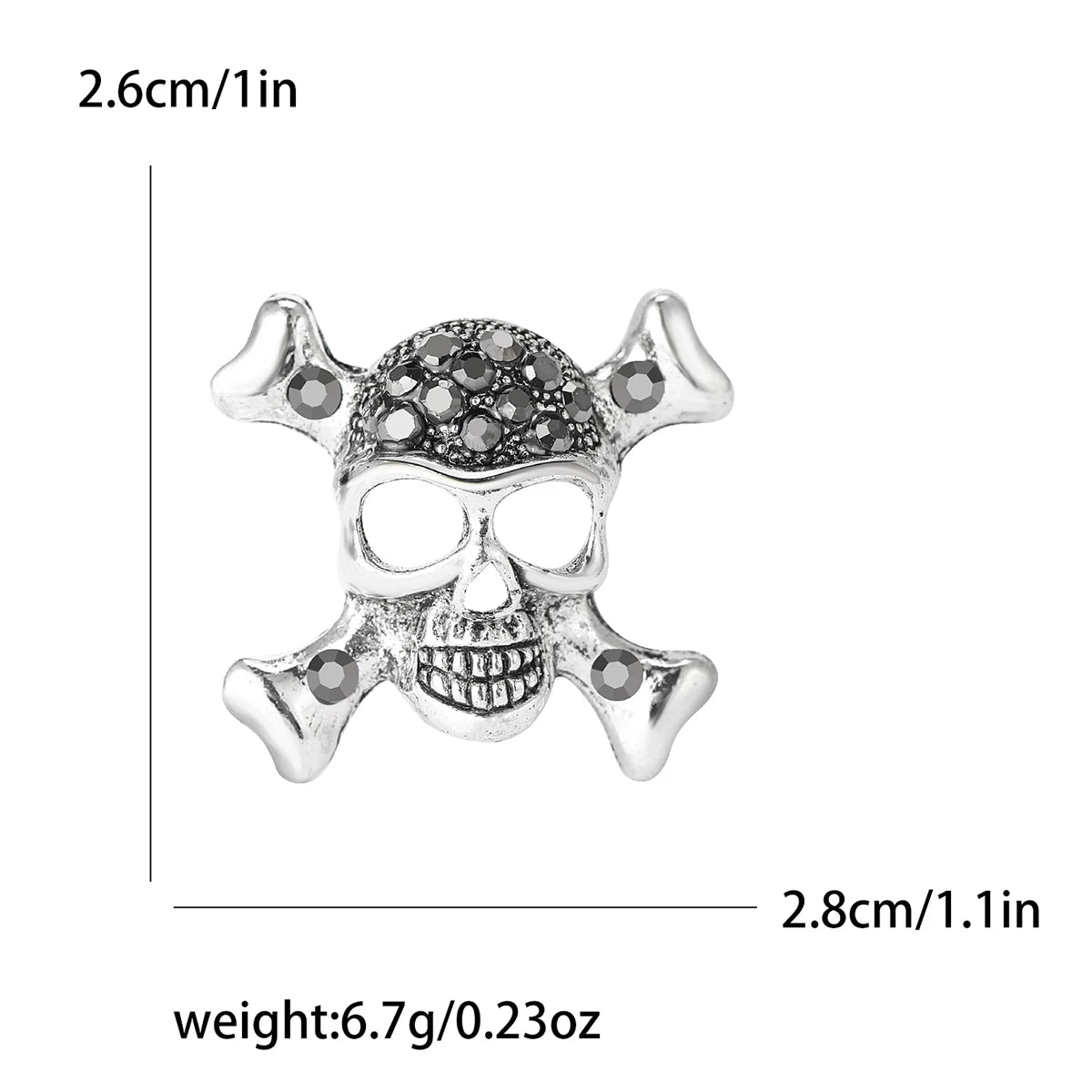 Broche calavera de strass plateado con huesos decorativos y estructura facial detallada