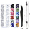 A set of 15 colored rhinestones and nail art decorations packaged in a clear plastic container with a black applicator.