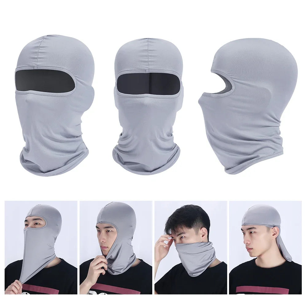 Gray all-in-one outdoor balaclava shown in various angles and worn by a male model.