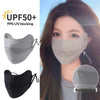 A woman is wearing a light gray breathable ice silk UV protection face mask, shown alongside a black version.