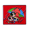 A red enamel lapel pin featuring two cartoon characters under a multicolored umbrella.