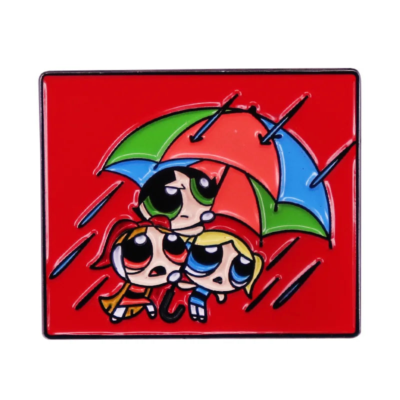 A red enamel lapel pin featuring two cartoon characters under a multicolored umbrella.