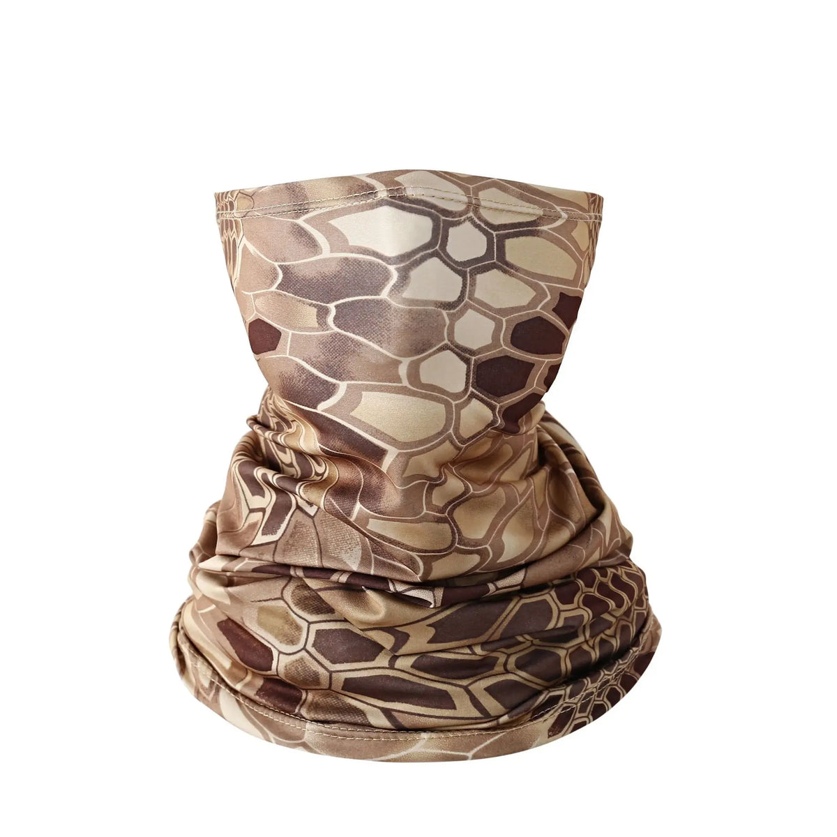 A close-up of a beige and brown patterned multi-use sun protection head scarf wrapped around a neck.