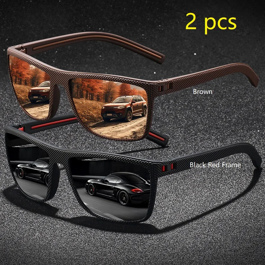 Two pairs of vintage check pattern sunglasses, one brown and one black red frame, displayed on a dark background.