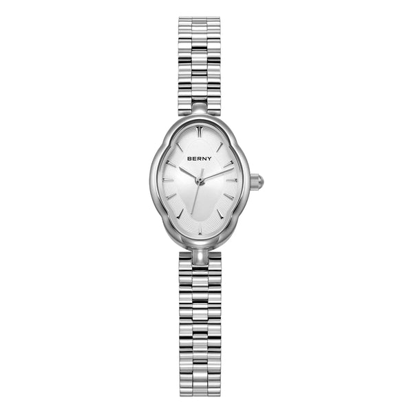 A silver stainless steel quartz wristwatch with a metal link bracelet and a white dial.