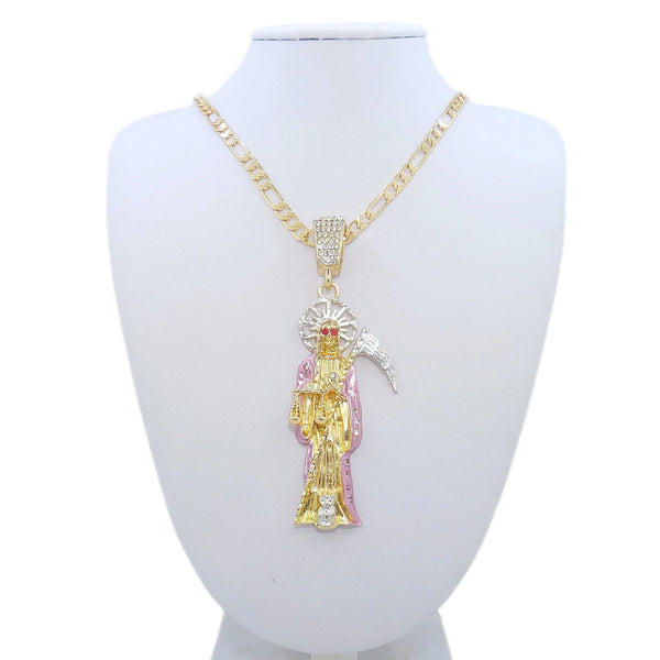 Gold chain necklace featuring a pendant of Santa Muerte in pink and gold.
