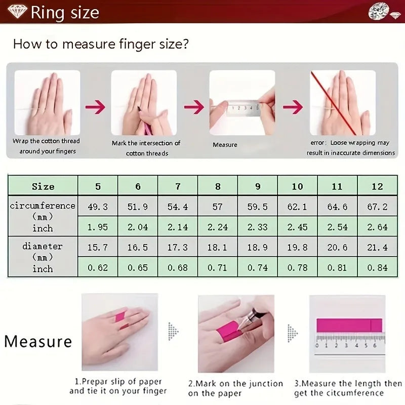 Instructions on how to measure finger size for a ring using cotton thread and ruler.