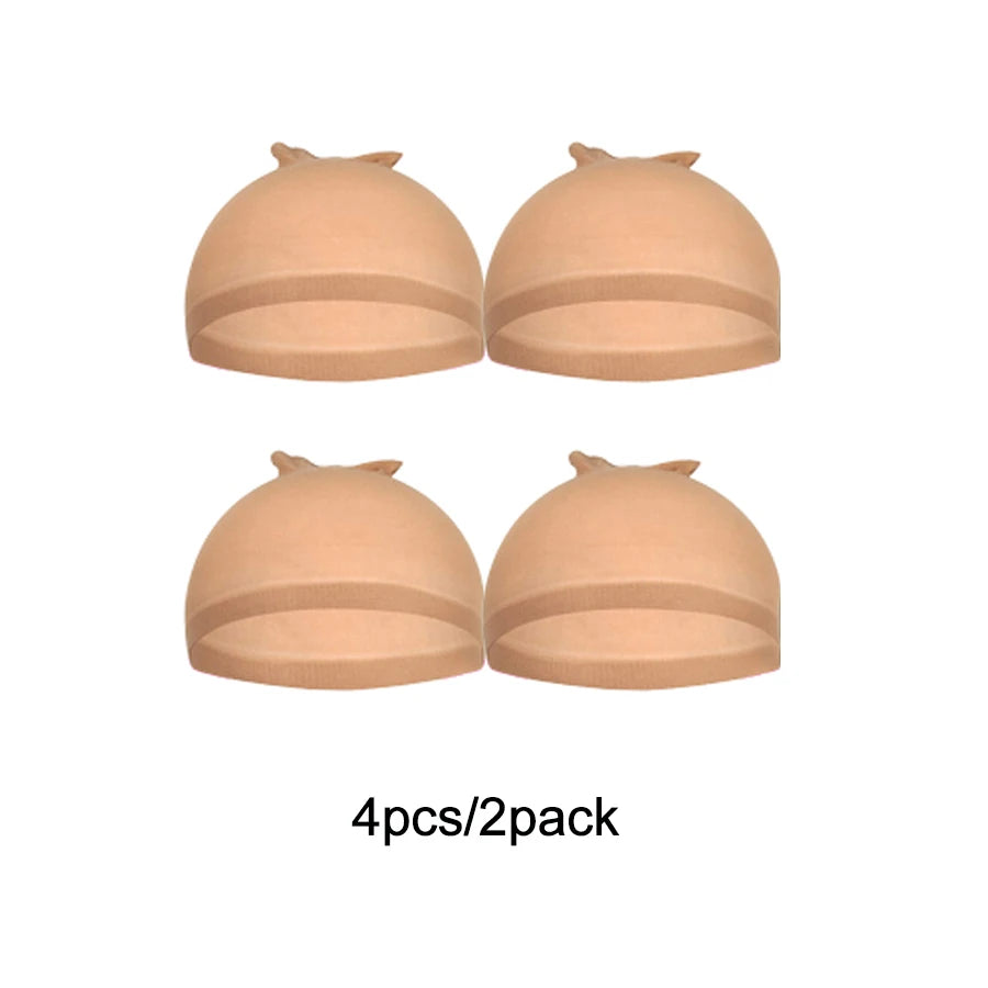 Four peach-colored stretch mesh wig caps for hair netting sold as a two-pack.