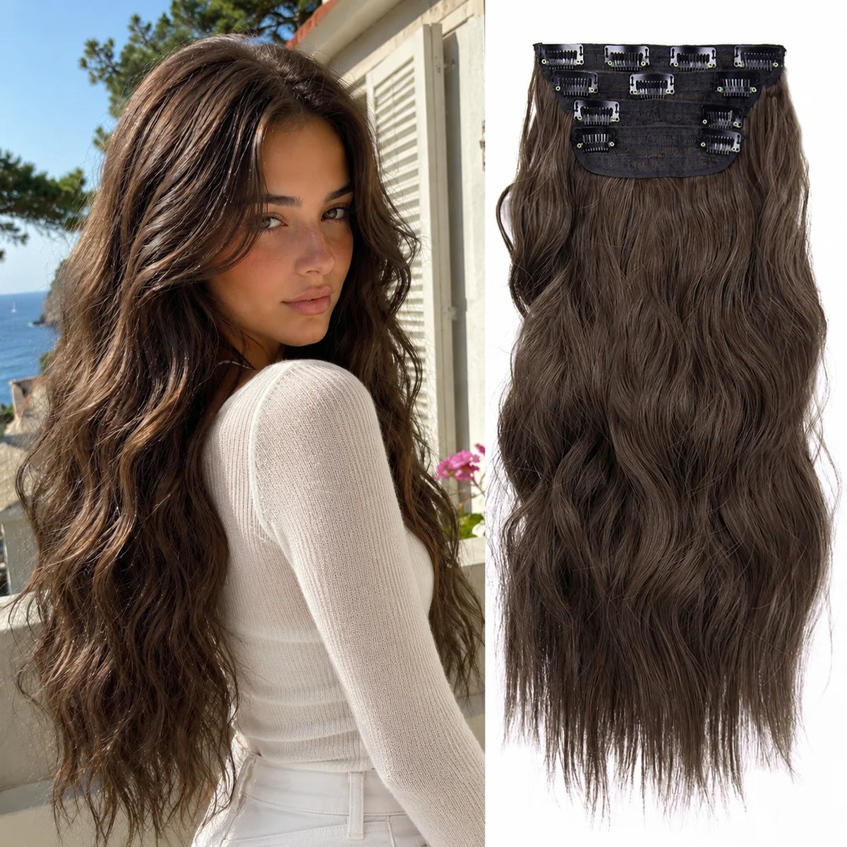 A close-up of long, wavy brown hair with dark ombre tips, featuring black clips for styling.