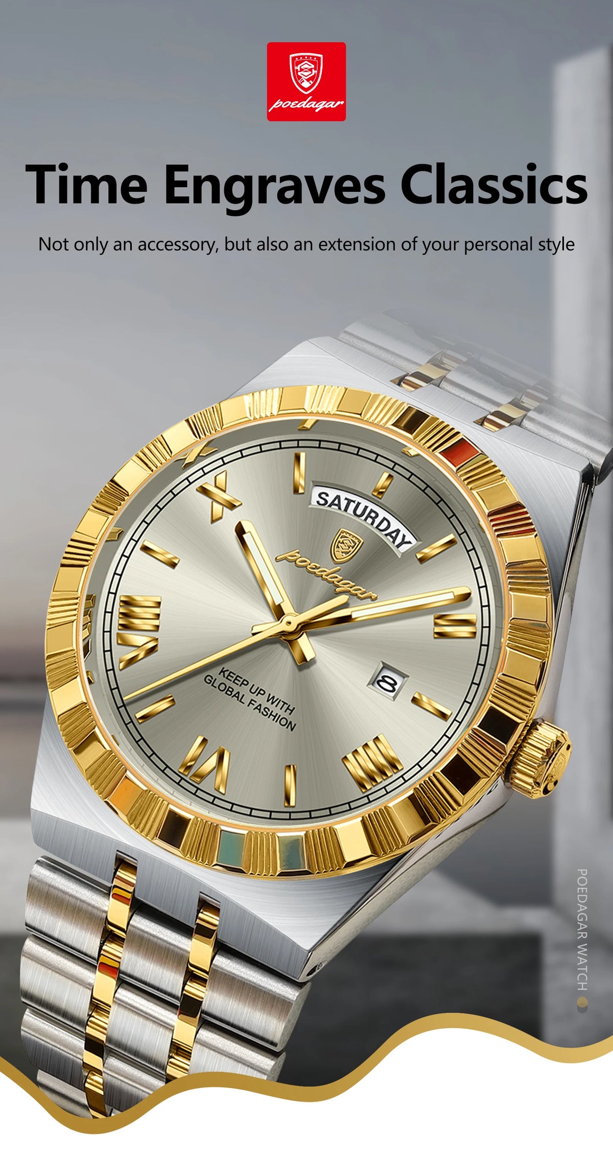 A close-up shot of a silver and gold Time Engraves Classics watch with a leather strap, featuring a prominent Saturday markin