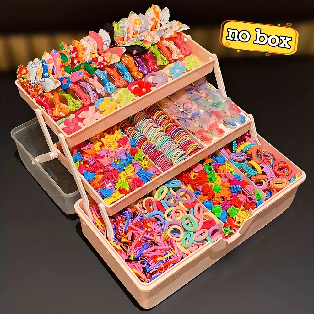 A box of colorful butterfly hair accessories and hair ties displayed in an open wooden container.