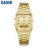 A gold-colored Casio digital wristwatch with a metal band and square face.