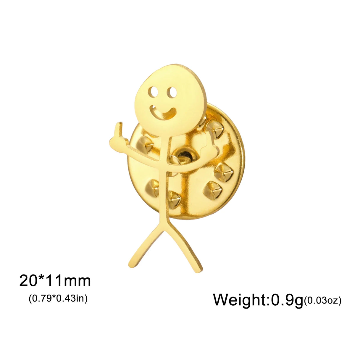 A gold-colored punk stickman brooch featuring a smiling face and body.