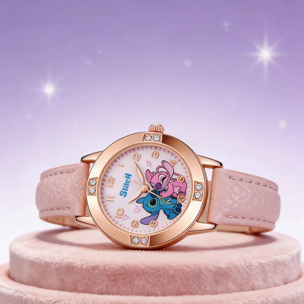 A pink wrist watch featuring a cartoon Stitch design on the dial and rose gold casing.