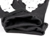 Black gloves with a white skeleton pattern folded and displayed
