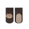 A pair of dark brown socks featuring a cute cartoon animal face design on the toe area.