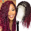 Close-up of a woman modeling a long, reddish-purple box braid wig