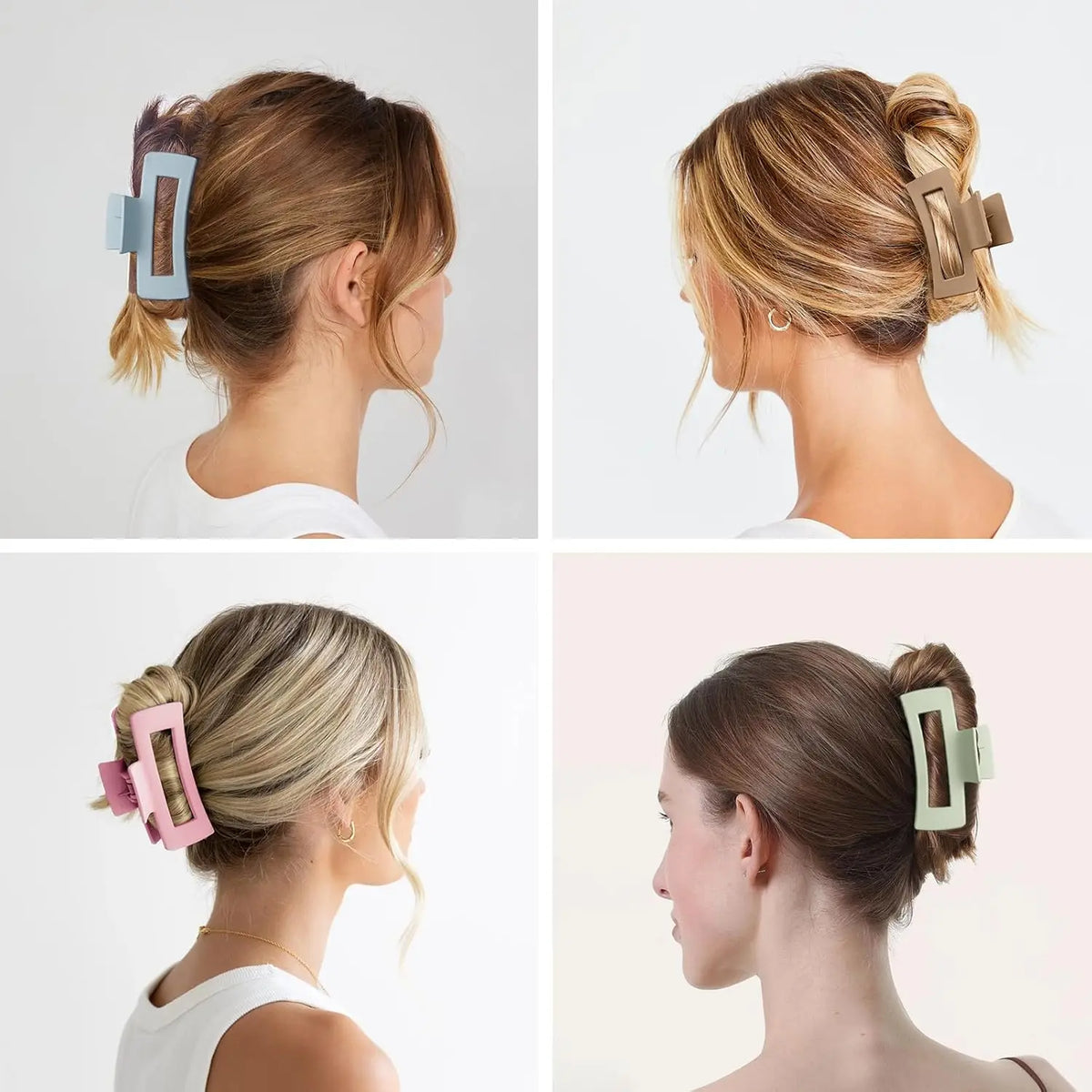 A set of seven square hair claw clips in various colors are shown being used to style and secure thick hair.