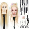 A display of professional cosmetology practice mannequin heads, including hair, tools like combs and scissors, and styling im
