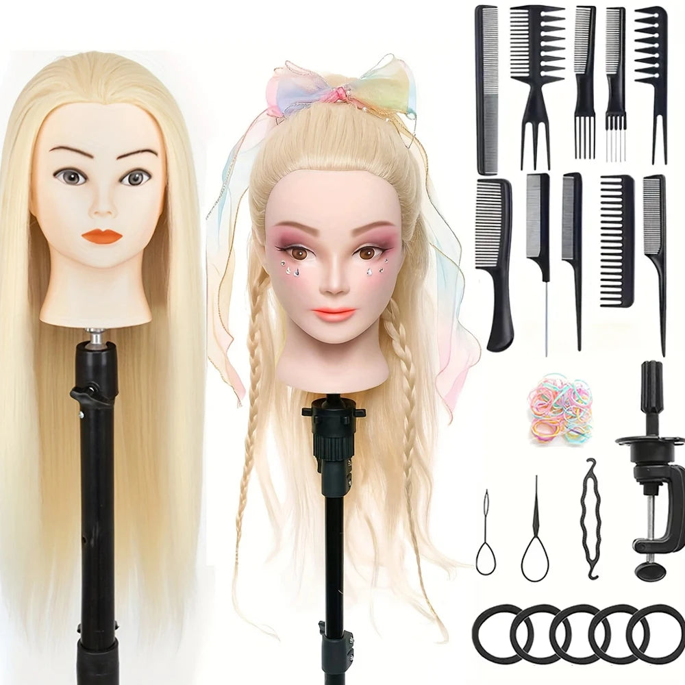 A display of professional cosmetology practice mannequin heads, including hair, tools like combs and scissors, and styling im