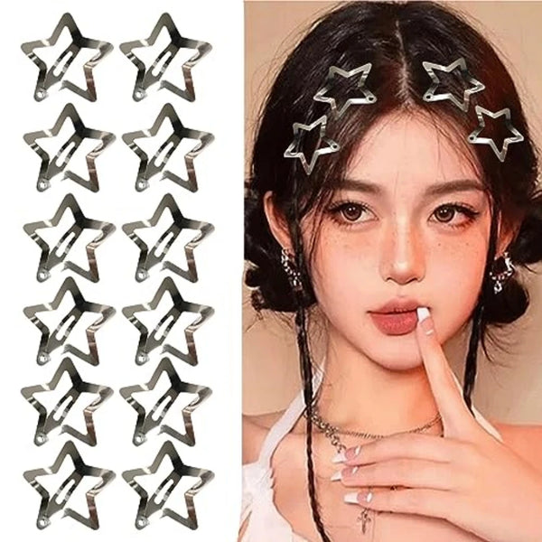 A set of silver star metal snap hair clips shown alongside a model wearing them.