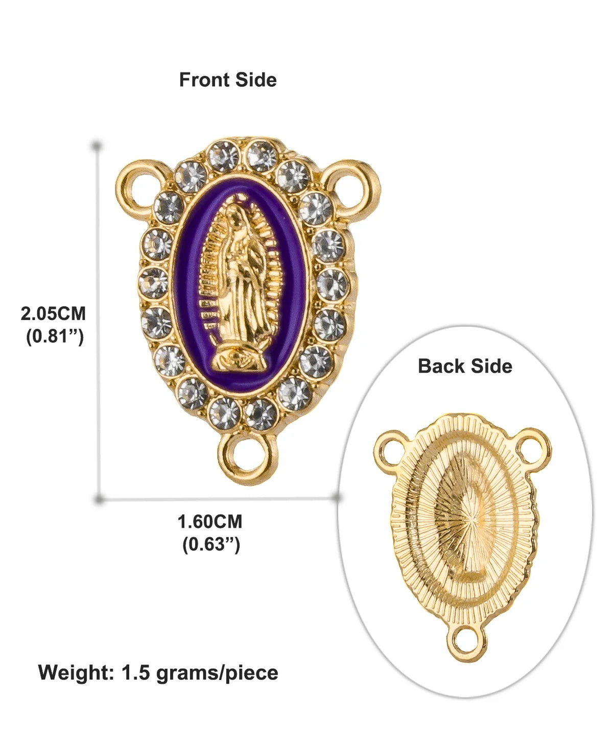Gold and purple centerpiece connectors for a rosary, showing the front and back sides.