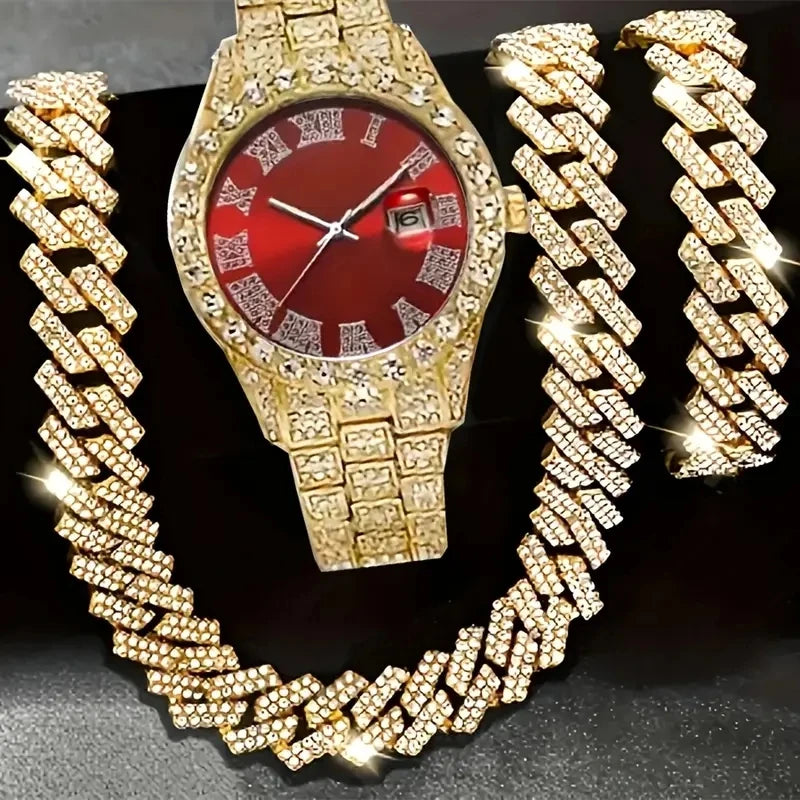 Gold-toned wrist watch and matching hip hop chain necklace set displayed on a dark background