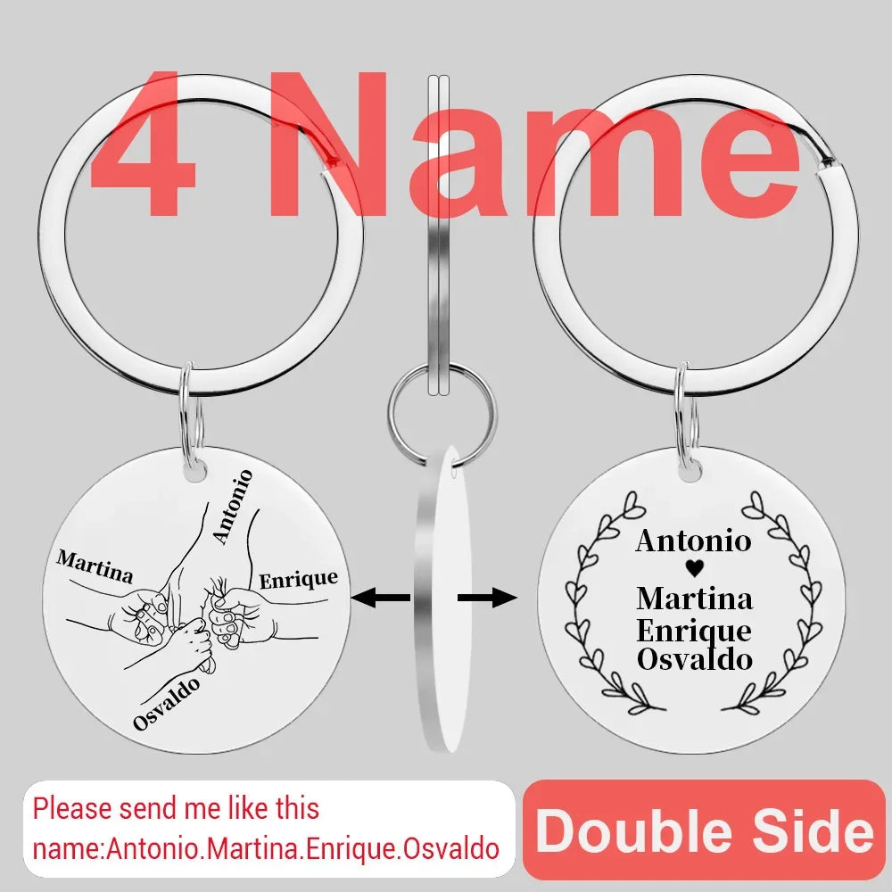 Four name personalized stainless steel keychains featuring names like Martina, Antonio, Enrique, and Osvaldo